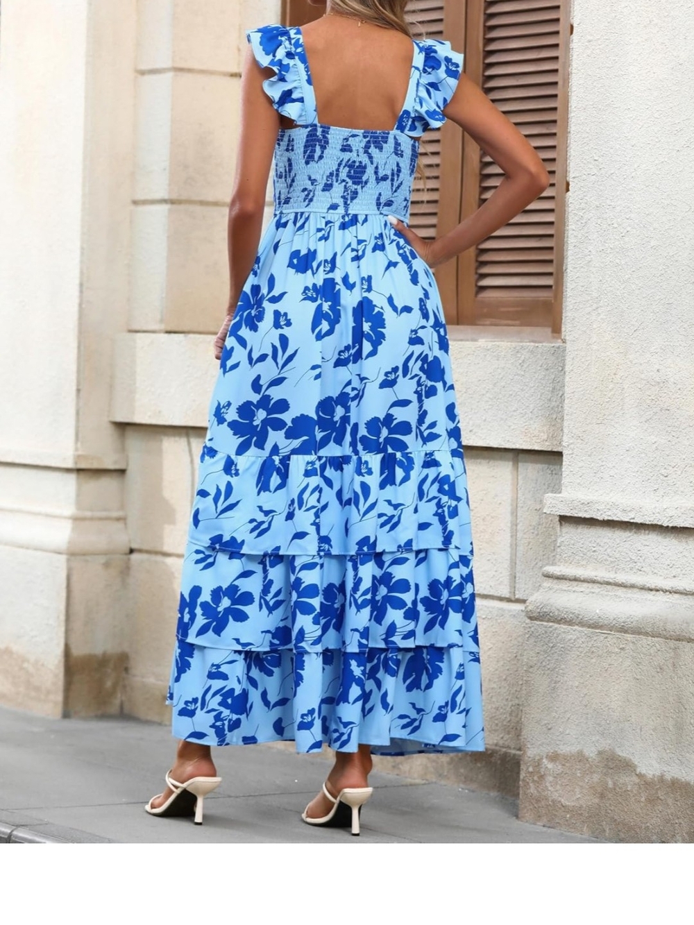Blue Floral Tiered Maxi Dress with Ruffle Straps